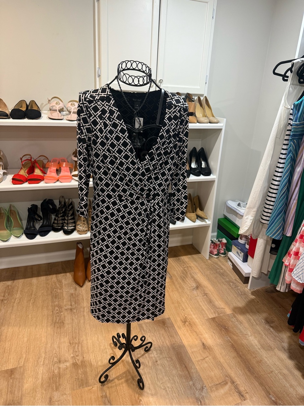 White House Black Market Black & White Geometric Wrap Midi Dress